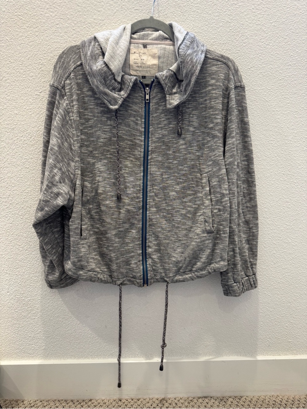 Free People gray space-dye cropped full-zip hoodie w/ blue zipper
